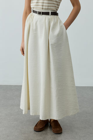 Pilili Büzgülü Maxi Etek Beyaz