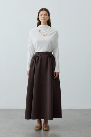 Pilili Büzgülü Maxi Etek Kahverengi