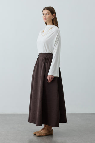 Pilili Büzgülü Maxi Etek Kahverengi