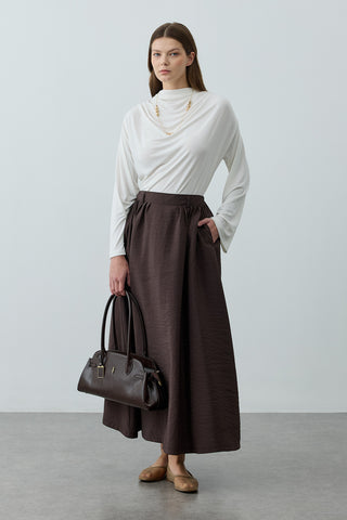 Pilili Büzgülü Maxi Etek Kahverengi