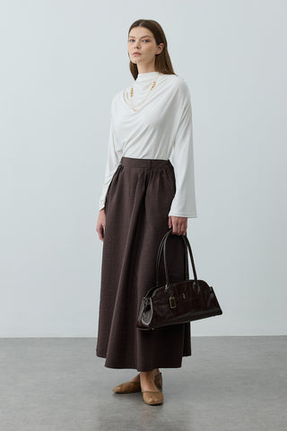 Pilili Büzgülü Maxi Etek Kahverengi