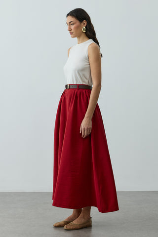 Pilili Büzgülü Maxi Etek Kırmızı