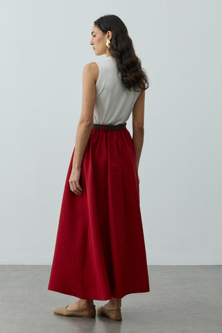 Pilili Büzgülü Maxi Etek Kırmızı
