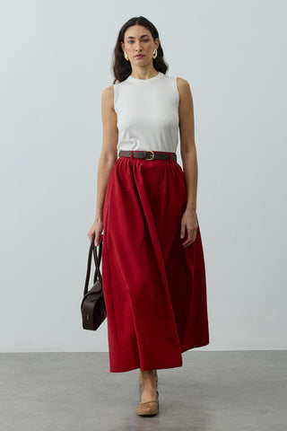 Pilili Büzgülü Maxi Etek Kırmızı