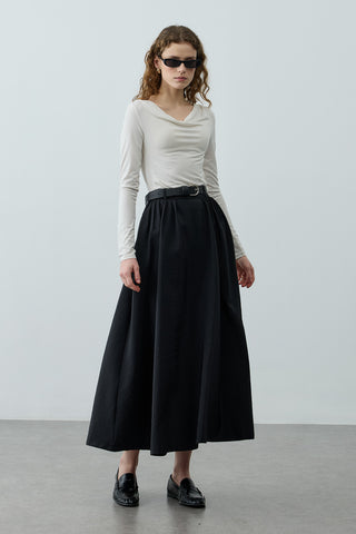 Pilili Büzgülü Maxi Etek Siyah