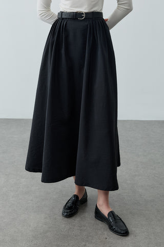 Pilili Büzgülü Maxi Etek Siyah