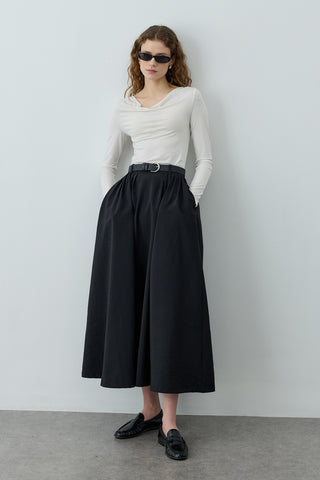 Pilili Büzgülü Maxi Etek Siyah