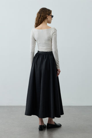 Pilili Büzgülü Maxi Etek Siyah