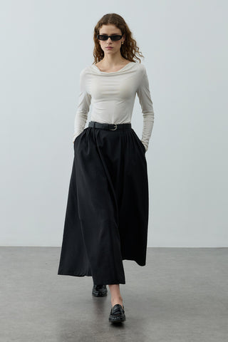 Pilili Büzgülü Maxi Etek Siyah