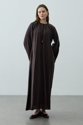 Pileli Tensel Elbise Acı Kahve