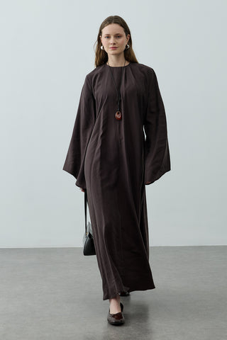 Pileli Tensel Elbise Acı Kahve