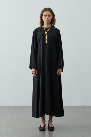 Pileli Tensel Elbise Siyah