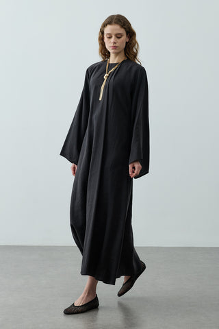 Pileli Tensel Elbise Siyah