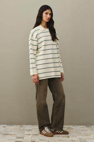 Polo Yaka Çizgili Kazak Ekru