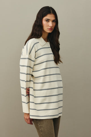 Polo Yaka Çizgili Kazak Ekru