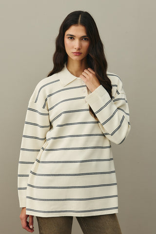 Polo Yaka Çizgili Kazak Ekru