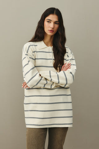 Polo Yaka Çizgili Kazak Ekru
