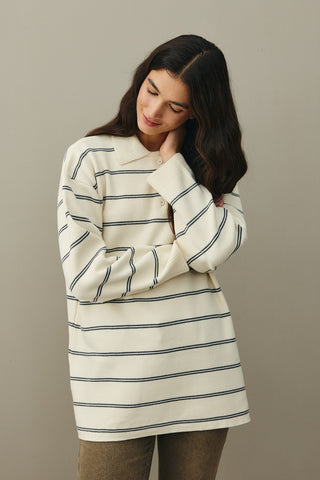 Polo Yaka Çizgili Kazak Ekru