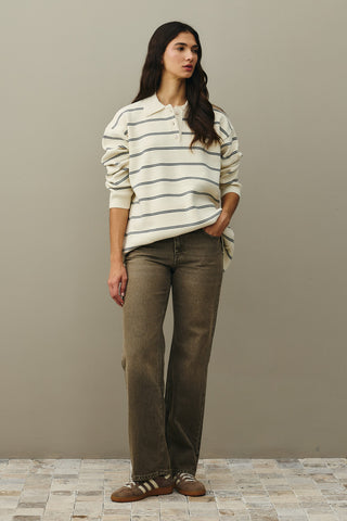 Polo Yaka Çizgili Kazak Ekru