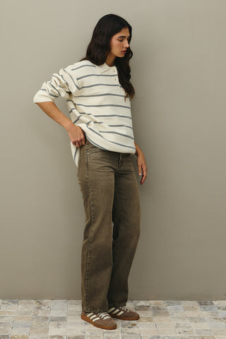 Polo Yaka Çizgili Kazak Ekru