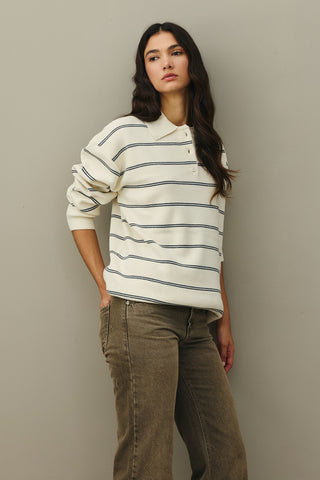 Polo Yaka Çizgili Kazak Ekru