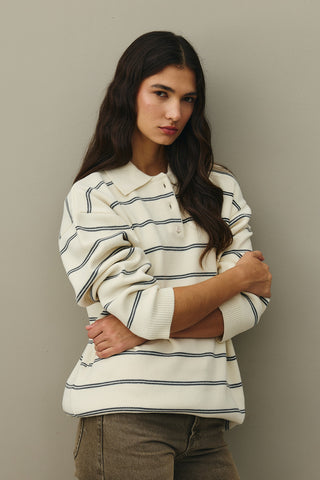 Polo Yaka Çizgili Kazak Ekru