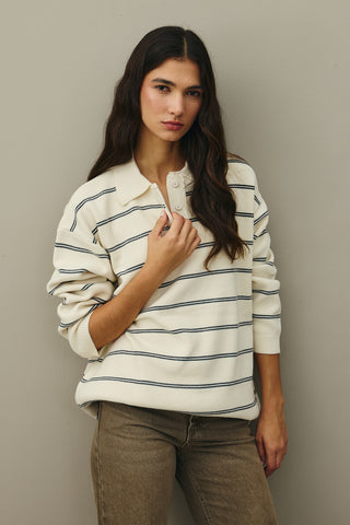 Polo Yaka Çizgili Kazak Ekru