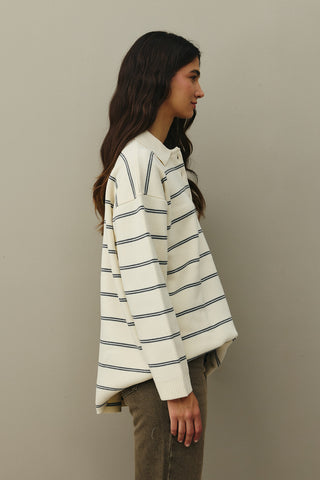 Polo Yaka Çizgili Kazak Ekru