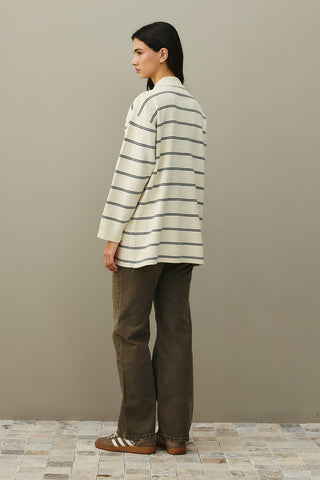 Polo Yaka Çizgili Kazak Ekru