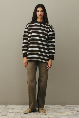 Polo Yaka Çizgili Kazak Kahverengi