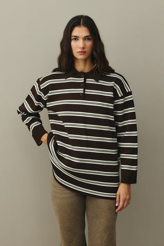 Polo Yaka Çizgili Kazak Kahverengi