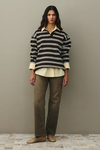 Polo Yaka Çizgili Kazak Kahverengi