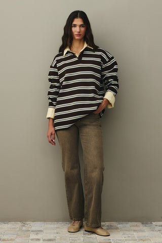 Polo Yaka Çizgili Kazak Kahverengi