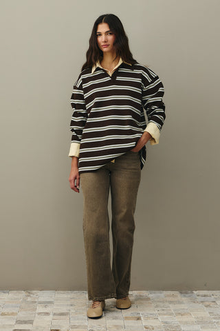 Polo Yaka Çizgili Kazak Kahverengi