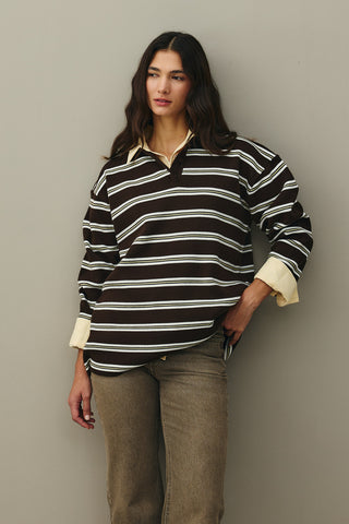 Polo Yaka Çizgili Kazak Kahverengi