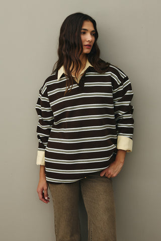 Polo Yaka Çizgili Kazak Kahverengi