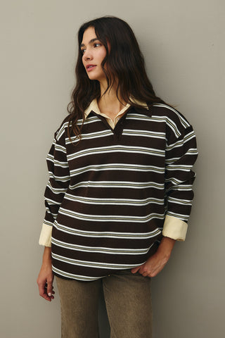 Polo Yaka Çizgili Kazak Kahverengi