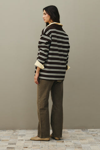 Polo Yaka Çizgili Kazak Kahverengi