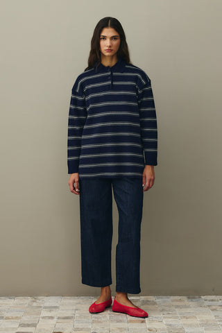 Polo Yaka Çizgili Kazak Lacivert