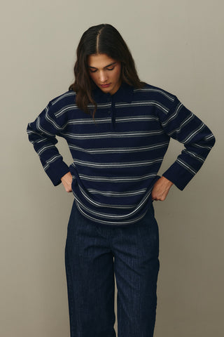 Polo Yaka Çizgili Kazak Lacivert