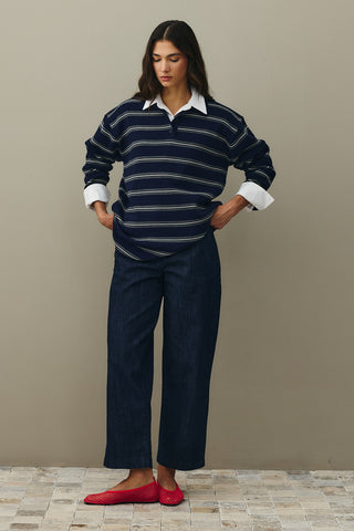 Polo Yaka Çizgili Kazak Lacivert