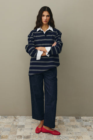 Polo Yaka Çizgili Kazak Lacivert