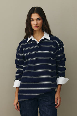 Polo Yaka Çizgili Kazak Lacivert