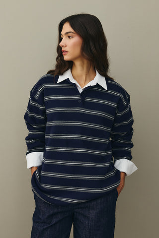 Polo Yaka Çizgili Kazak Lacivert