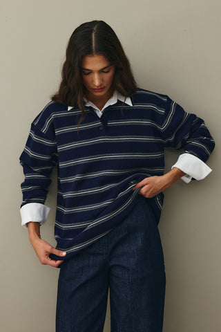 Polo Yaka Çizgili Kazak Lacivert