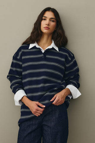 Polo Yaka Çizgili Kazak Lacivert
