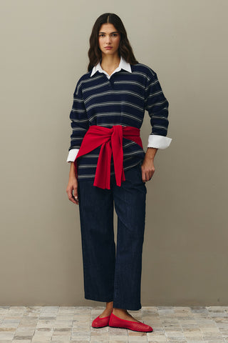 Polo Yaka Çizgili Kazak Lacivert