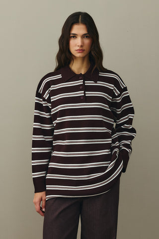 Polo Yaka Çizgili Kazak Mürdüm