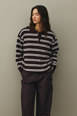Polo Yaka Çizgili Kazak Mürdüm