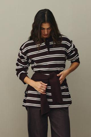 Polo Yaka Çizgili Kazak Mürdüm